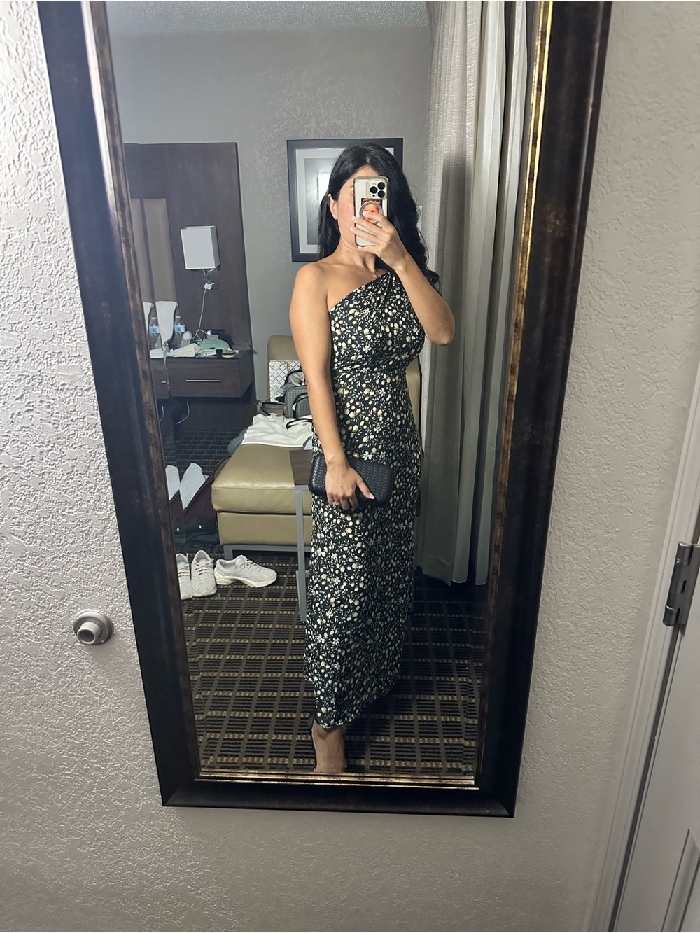One-Shoulder Floral Midi Dress in Black and Ivory